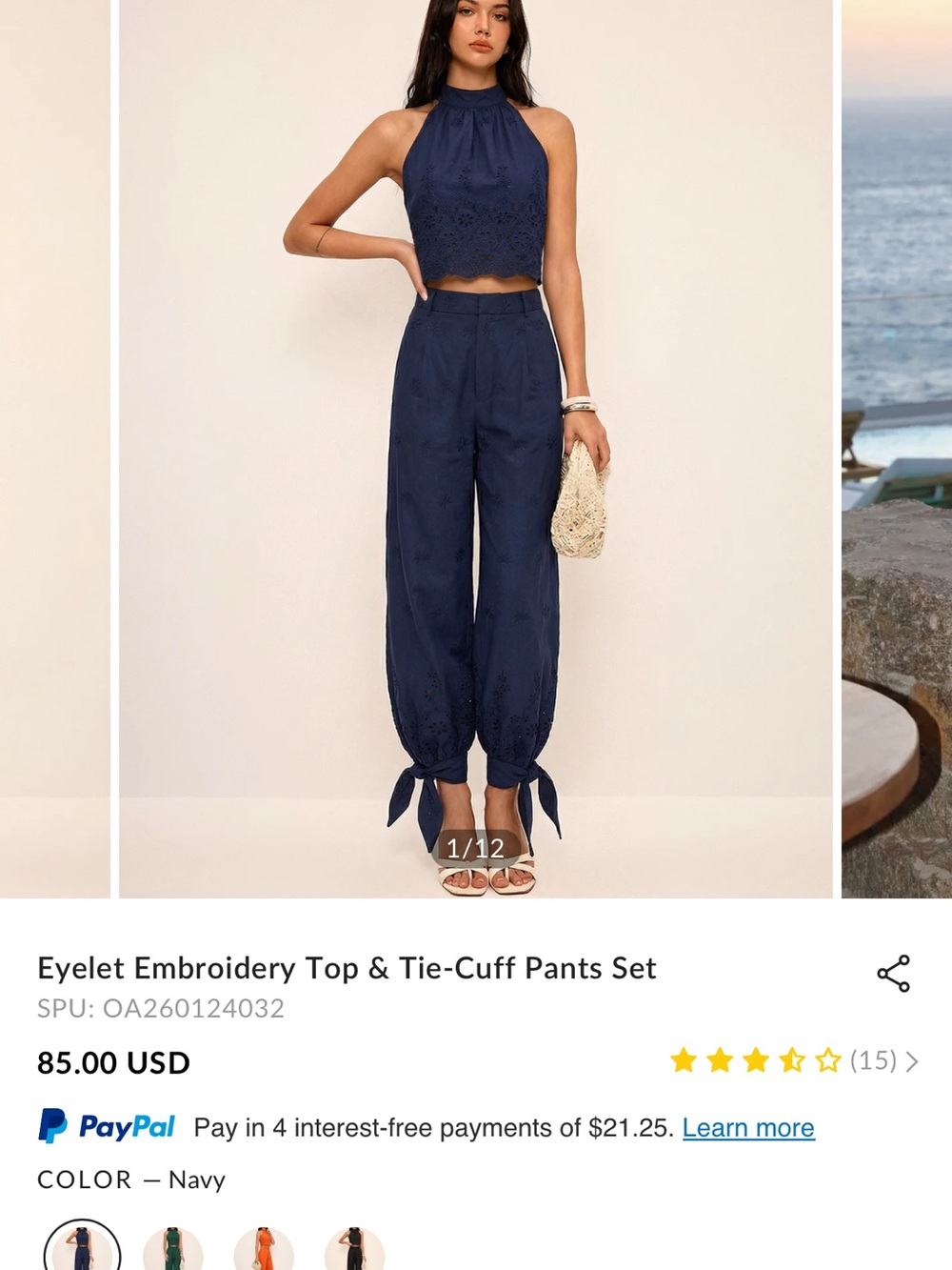 NWT Navy Eyelet Halter Crop Top & Wide-Leg Tie-Hem Pants - Picture 10 of 11